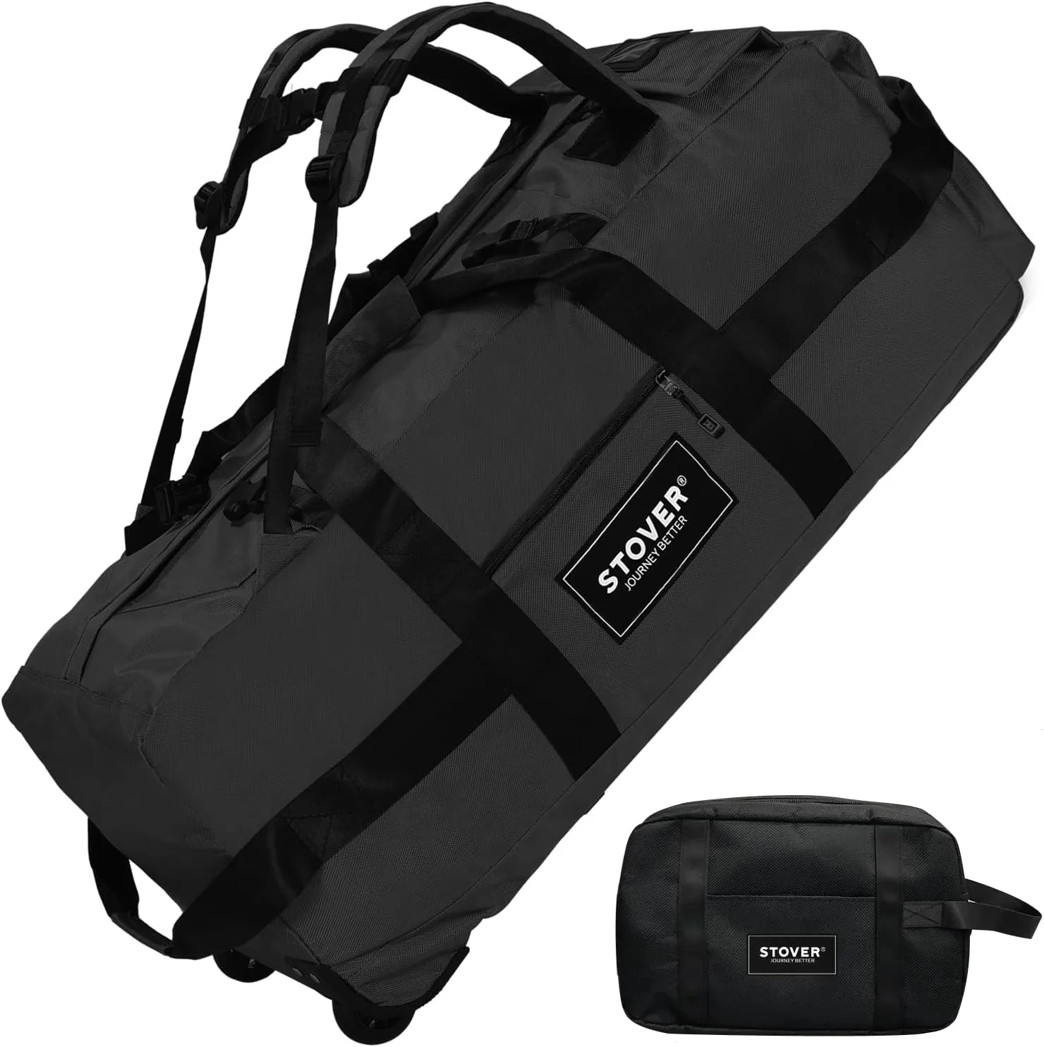 STOVER 80L Rolling Duffel Bag with Wheels, Large 31 Inch Durable Travel Duffle   Toiletry Bag, Heavy Duty, Packable, Foldable w/Shoulder Straps- Use as Luggage or Backpack, Men/Women (Black)