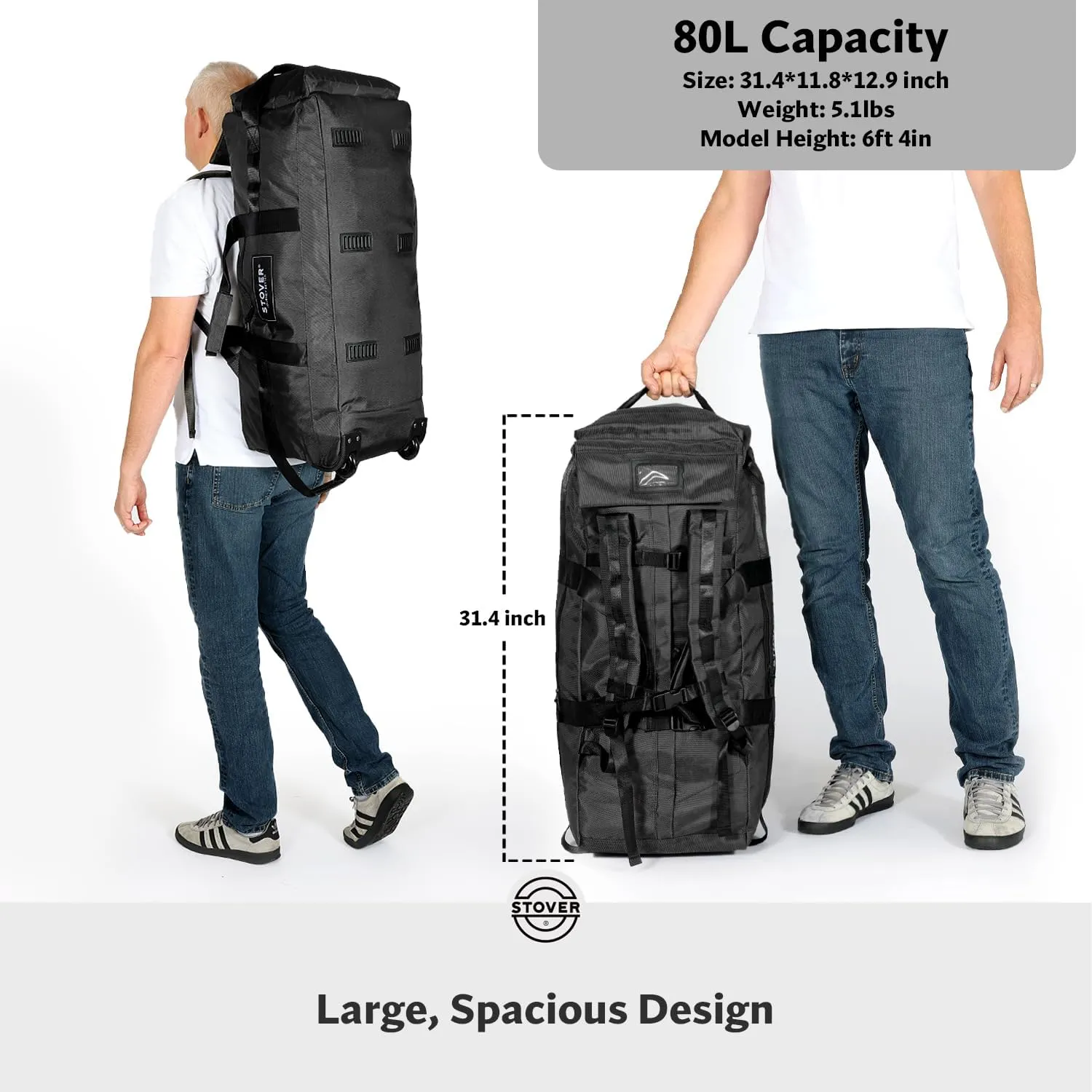 STOVER 80L Rolling Duffel Bag with Wheels, Large 31 Inch Durable Travel Duffle   Toiletry Bag, Heavy Duty, Packable, Foldable w/Shoulder Straps- Use as Luggage or Backpack, Men/Women (Black)