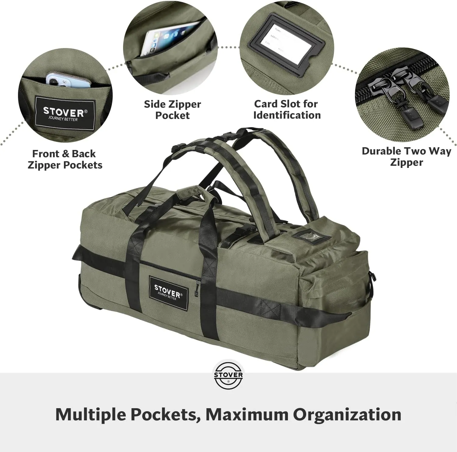 STOVER 80L Rolling Duffel Bag with Wheels, Large 31 Inch Durable Travel Duffle   Toiletry Bag, Heavy Duty, Packable, Foldable w/Shoulder Straps- Use as Luggage or Backpack, Men/Women (Green)