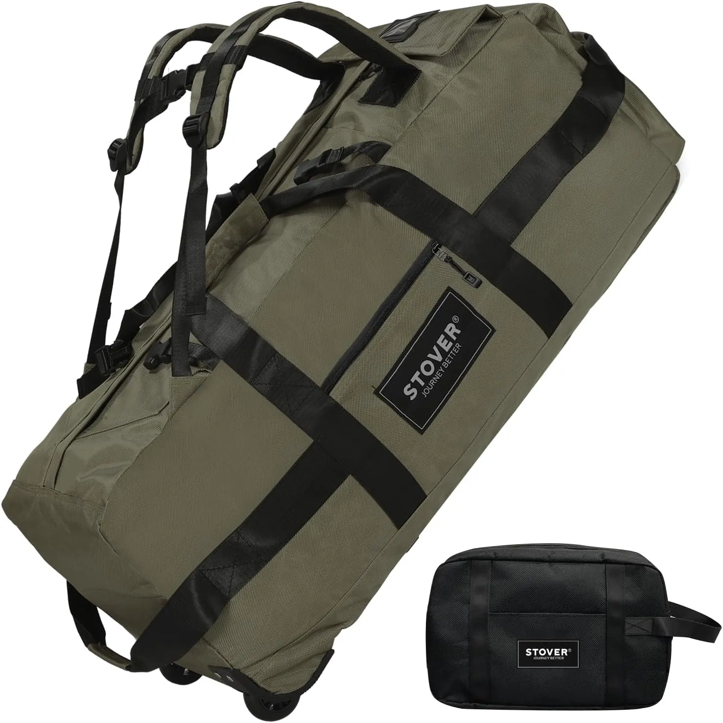 STOVER 80L Rolling Duffel Bag with Wheels, Large 31 Inch Durable Travel Duffle   Toiletry Bag, Heavy Duty, Packable, Foldable w/Shoulder Straps- Use as Luggage or Backpack, Men/Women (Green)