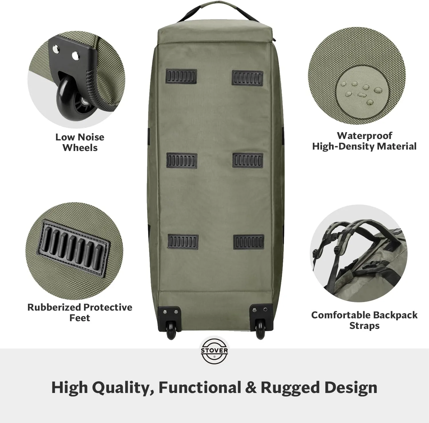 STOVER 80L Rolling Duffel Bag with Wheels, Large 31 Inch Durable Travel Duffle   Toiletry Bag, Heavy Duty, Packable, Foldable w/Shoulder Straps- Use as Luggage or Backpack, Men/Women (Green)