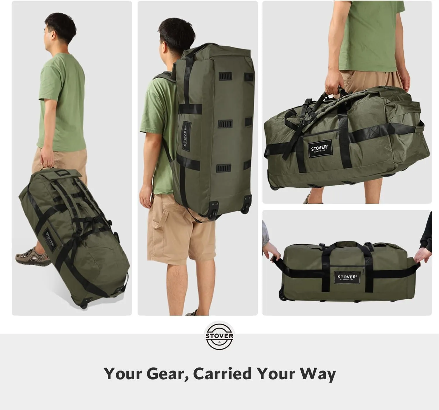 STOVER 80L Rolling Duffel Bag with Wheels, Large 31 Inch Durable Travel Duffle   Toiletry Bag, Heavy Duty, Packable, Foldable w/Shoulder Straps- Use as Luggage or Backpack, Men/Women (Green)