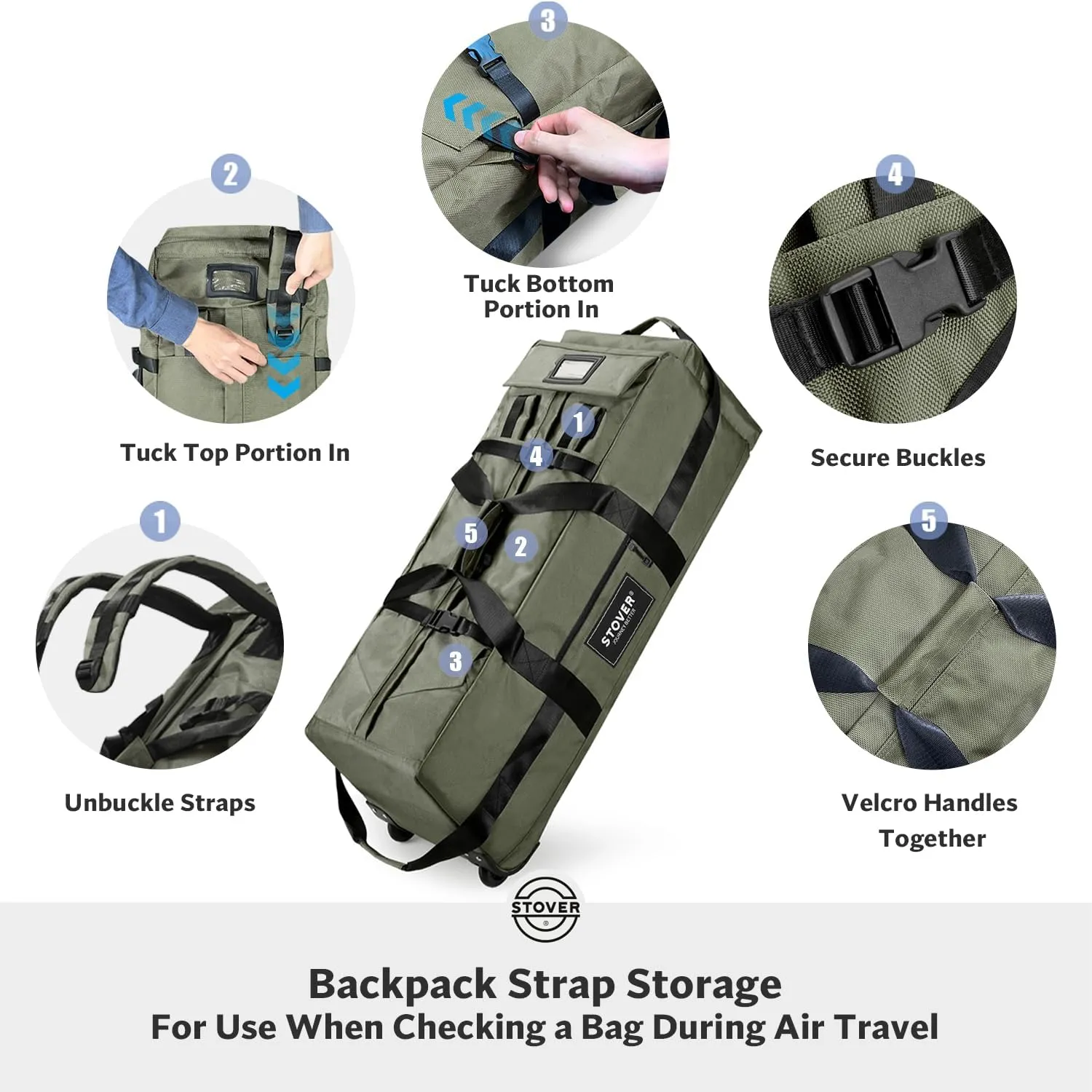 STOVER 80L Rolling Duffel Bag with Wheels, Large 31 Inch Durable Travel Duffle   Toiletry Bag, Heavy Duty, Packable, Foldable w/Shoulder Straps- Use as Luggage or Backpack, Men/Women (Green)