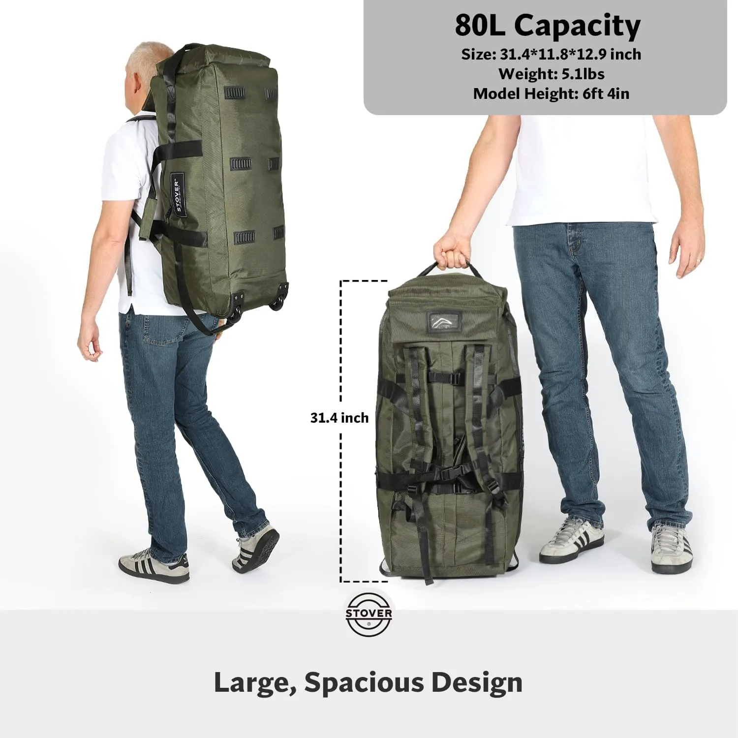 STOVER 80L Rolling Duffel Bag with Wheels, Large 31 Inch Durable Travel Duffle   Toiletry Bag, Heavy Duty, Packable, Foldable w/Shoulder Straps- Use as Luggage or Backpack, Men/Women (Green)