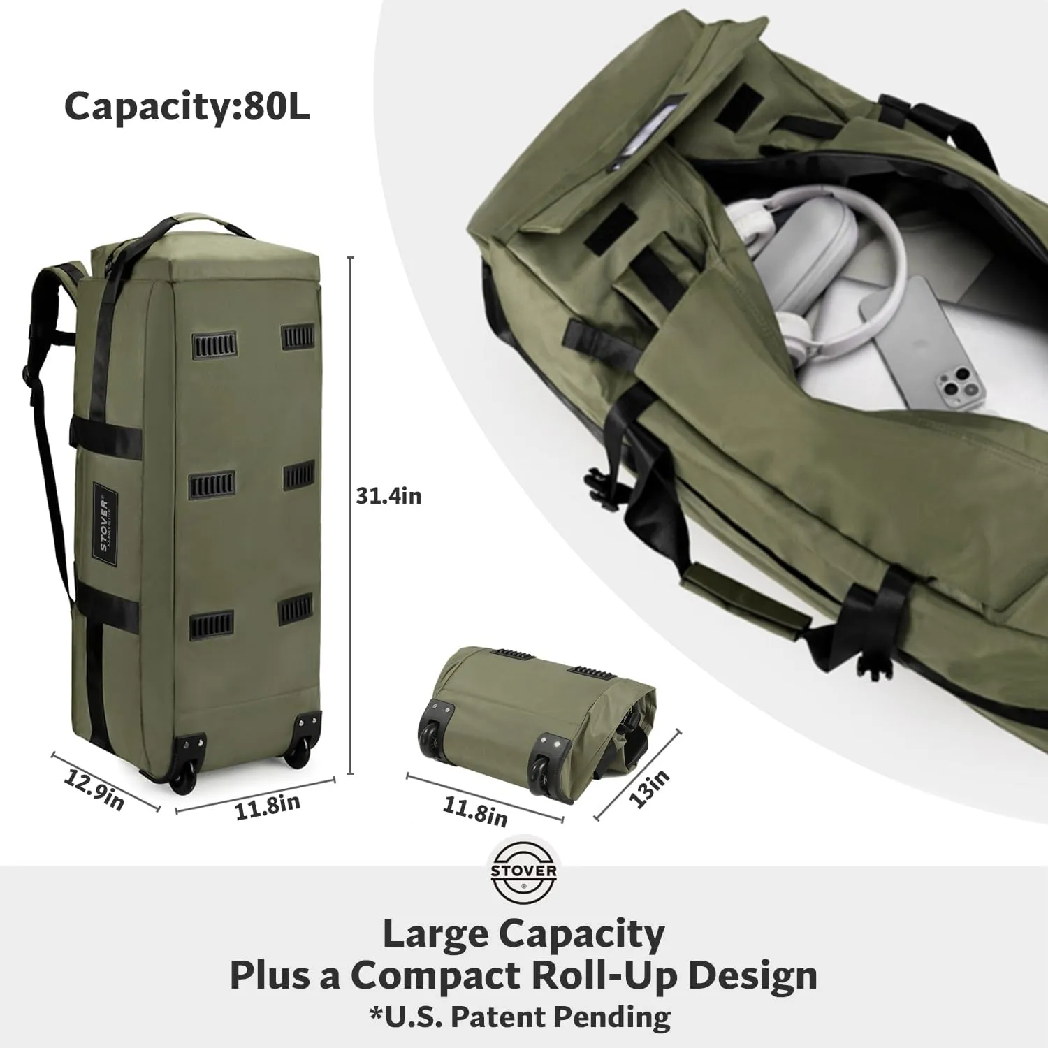 STOVER 80L Rolling Duffel Bag with Wheels, Large 31 Inch Durable Travel Duffle   Toiletry Bag, Heavy Duty, Packable, Foldable w/Shoulder Straps- Use as Luggage or Backpack, Men/Women (Green)