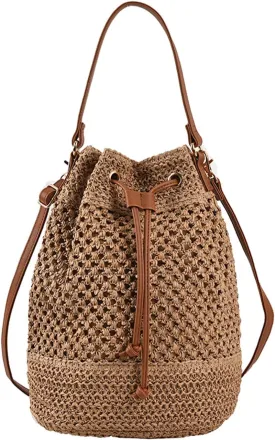 Straw Bucket Bag Summer Woven Crossbody Bags for Women Hobo Drawstring Purse Vacation Handbags Straw Beach Bag