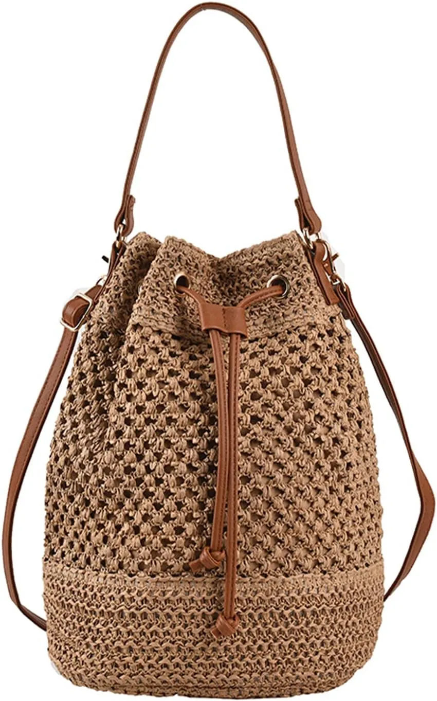 Straw Bucket Bag Summer Woven Crossbody Bags for Women Hobo Drawstring Purse Vacation Handbags Straw Beach Bag