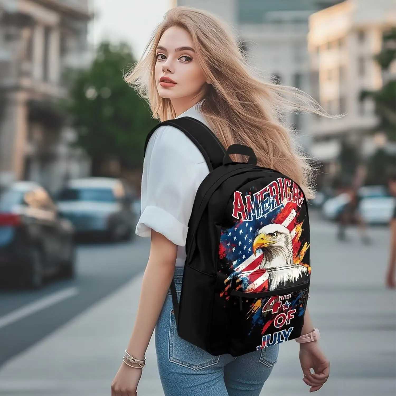 Stylish Commuter Backpack for Mens Trendy Eagle American Flag Zippered Top Handle Quick-Access Pocket Casual Daypack Purse with Adjustable Strap for Outdoor