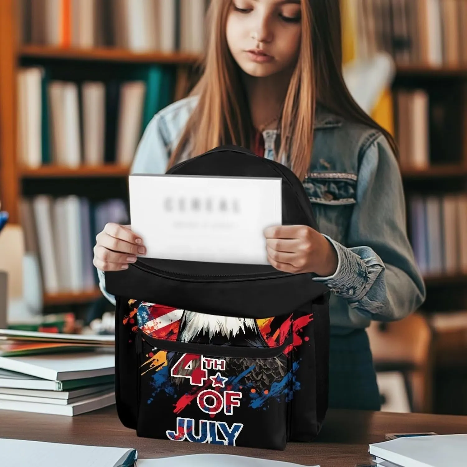 Stylish Commuter Backpack for Mens Trendy Eagle American Flag Zippered Top Handle Quick-Access Pocket Casual Daypack Purse with Adjustable Strap for Outdoor