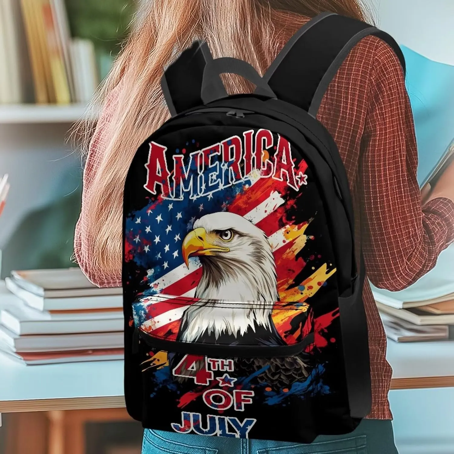Stylish Commuter Backpack for Mens Trendy Eagle American Flag Zippered Top Handle Quick-Access Pocket Casual Daypack Purse with Adjustable Strap for Outdoor