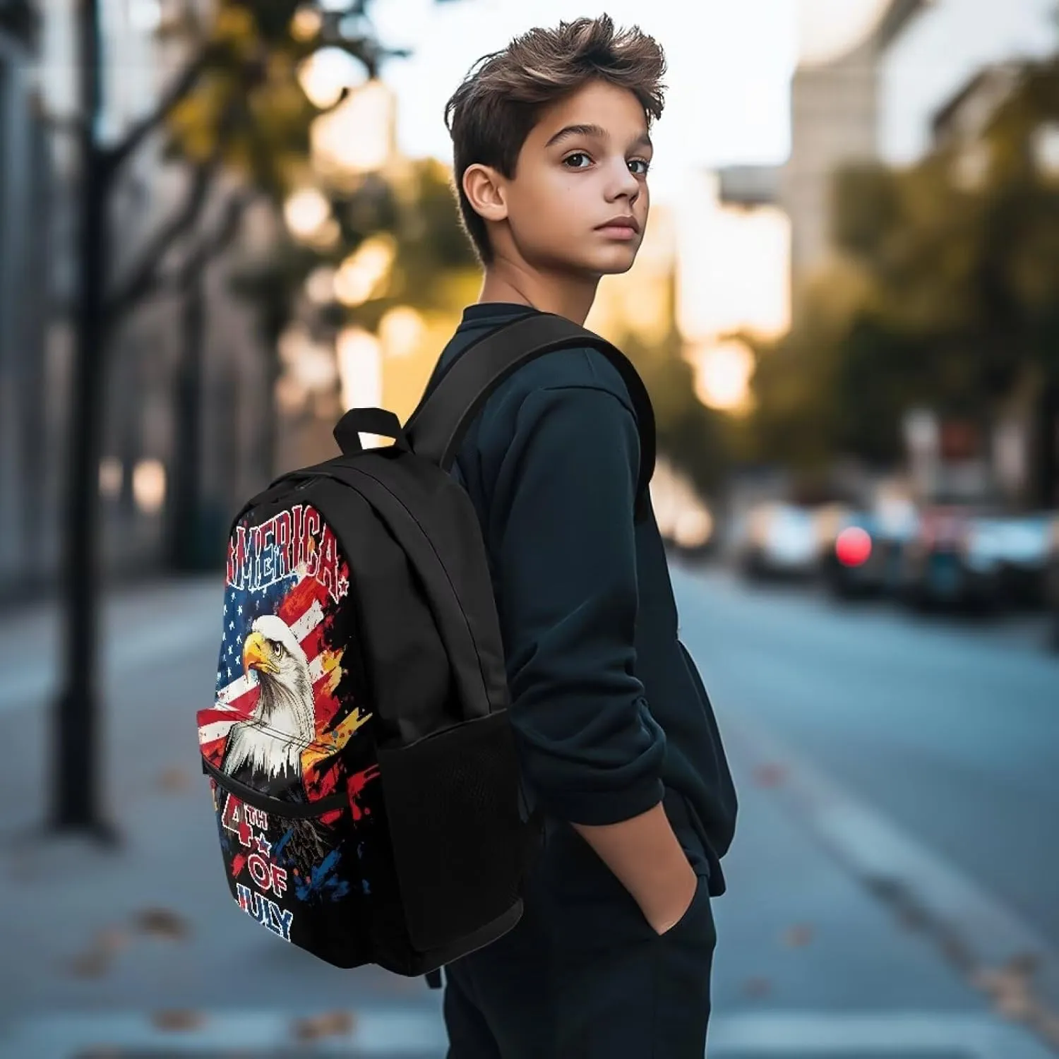 Stylish Commuter Backpack for Mens Trendy Eagle American Flag Zippered Top Handle Quick-Access Pocket Casual Daypack Purse with Adjustable Strap for Outdoor