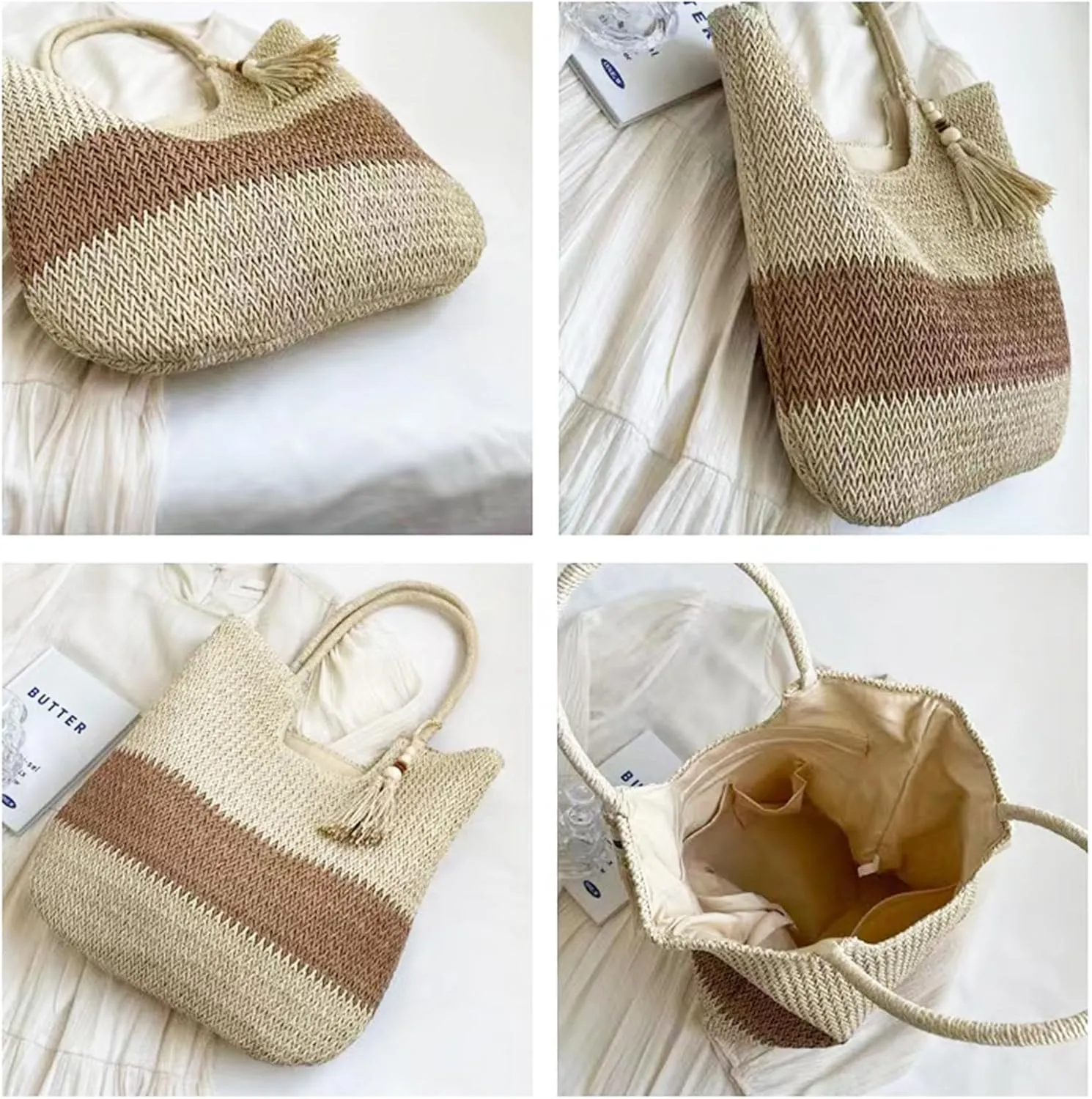 Summer Beige Cotton Knitted Shoulder Bag bags for 2025, Bohemian Hobo Crochet Beach bag Casual Designer Purse for Women