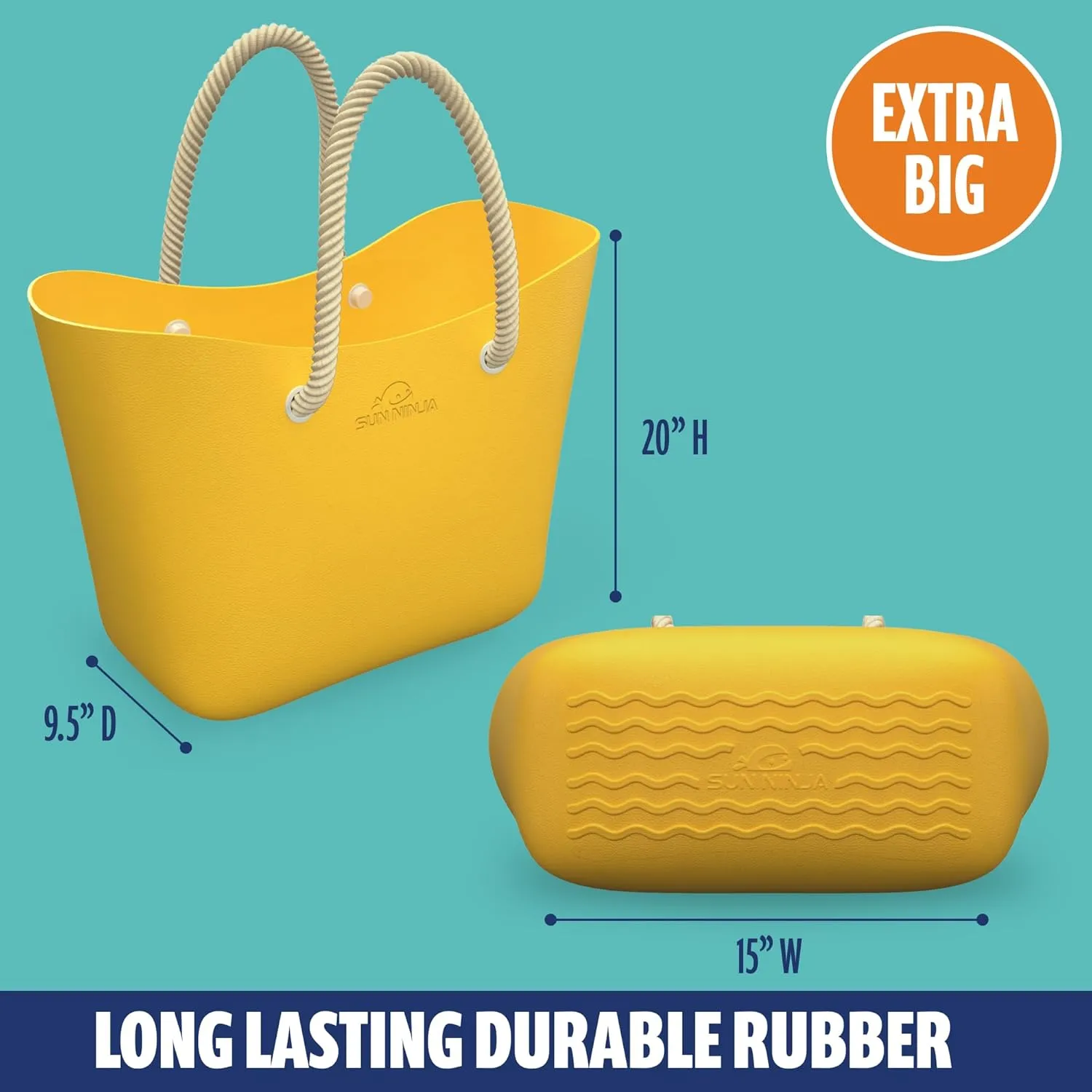 SUN NINJA Rubber Tote Bag - Plastic Beach Bag XL - Extra Large Rubber Bags and Totes - Waterproof and Sandproof EVA Tote Bag for Boat or Swim - Washable - Yellow