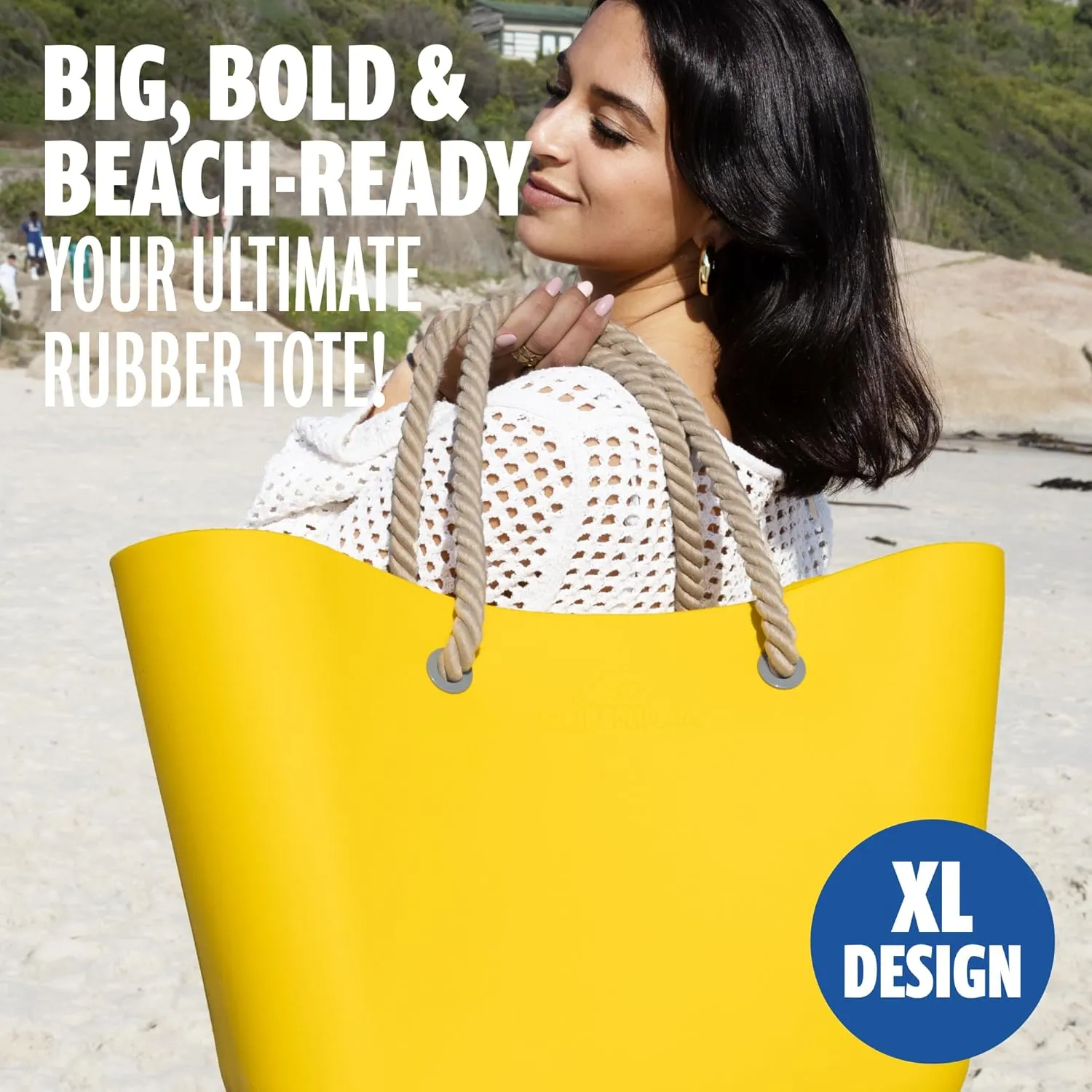SUN NINJA Rubber Tote Bag - Plastic Beach Bag XL - Extra Large Rubber Bags and Totes - Waterproof and Sandproof EVA Tote Bag for Boat or Swim - Washable - Yellow