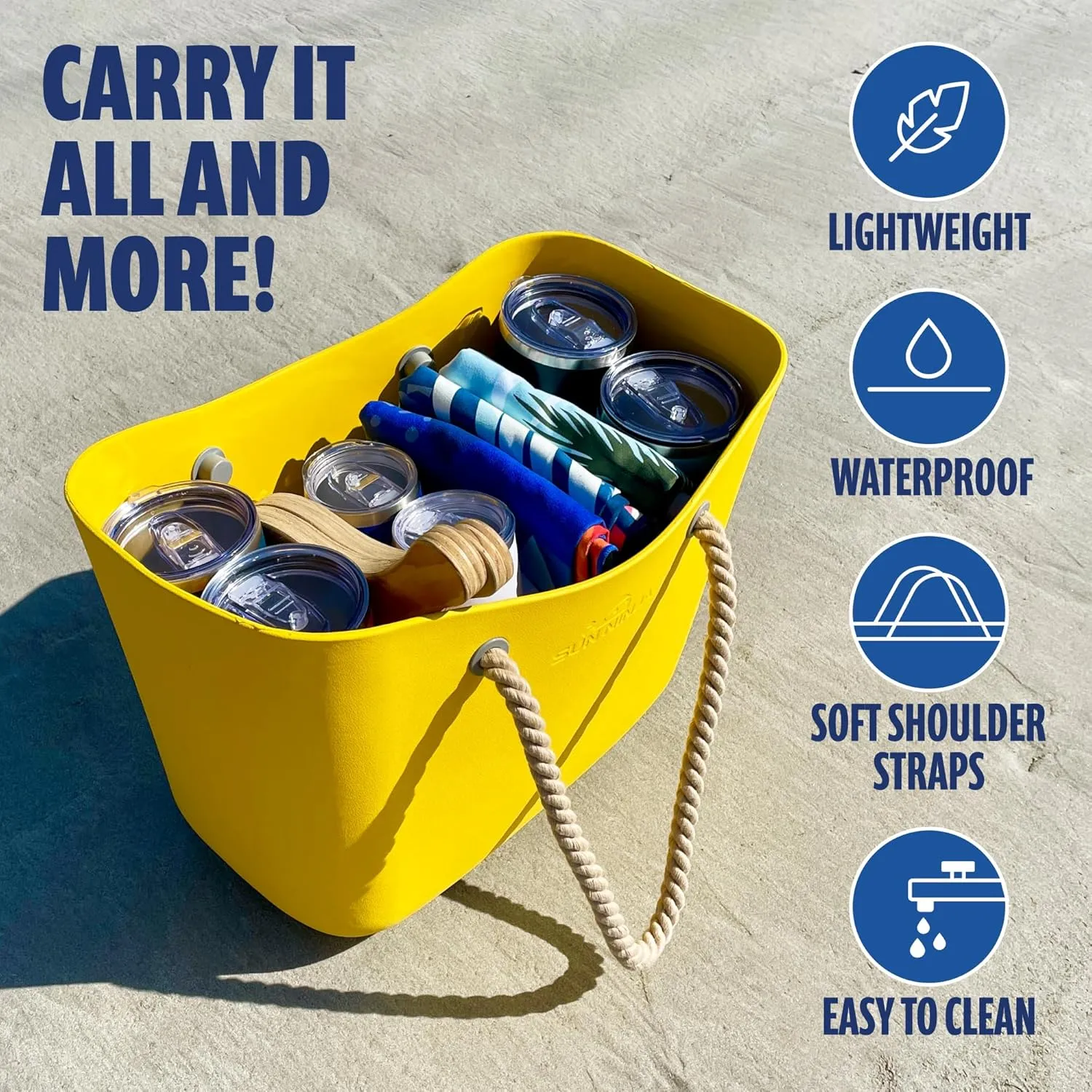 SUN NINJA Rubber Tote Bag - Plastic Beach Bag XL - Extra Large Rubber Bags and Totes - Waterproof and Sandproof EVA Tote Bag for Boat or Swim - Washable - Yellow