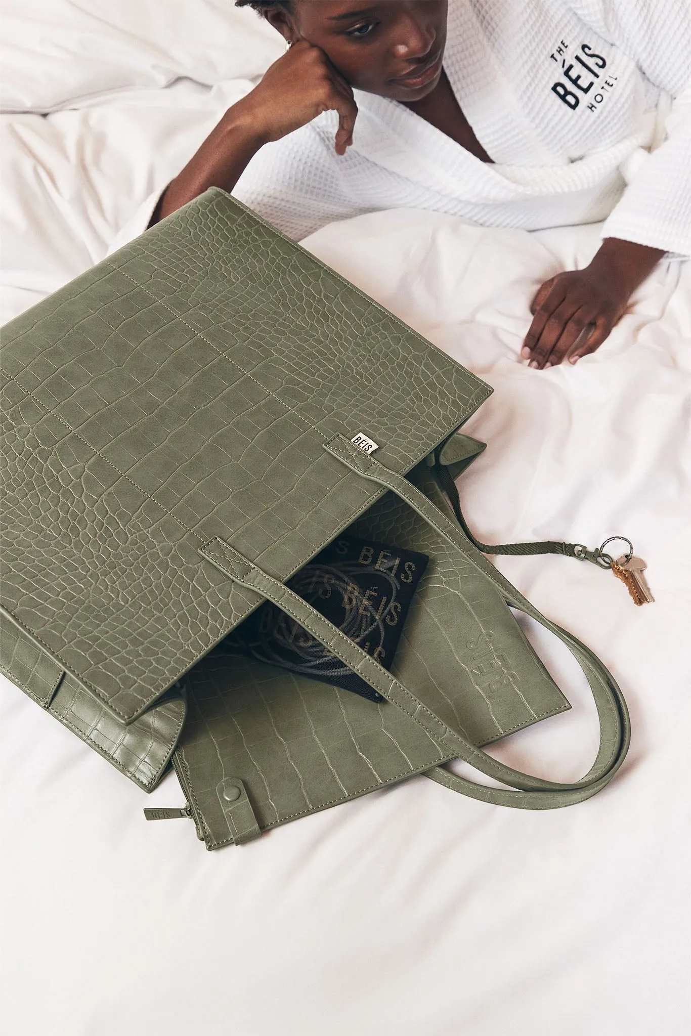The Large Work Tote in Olive Croc