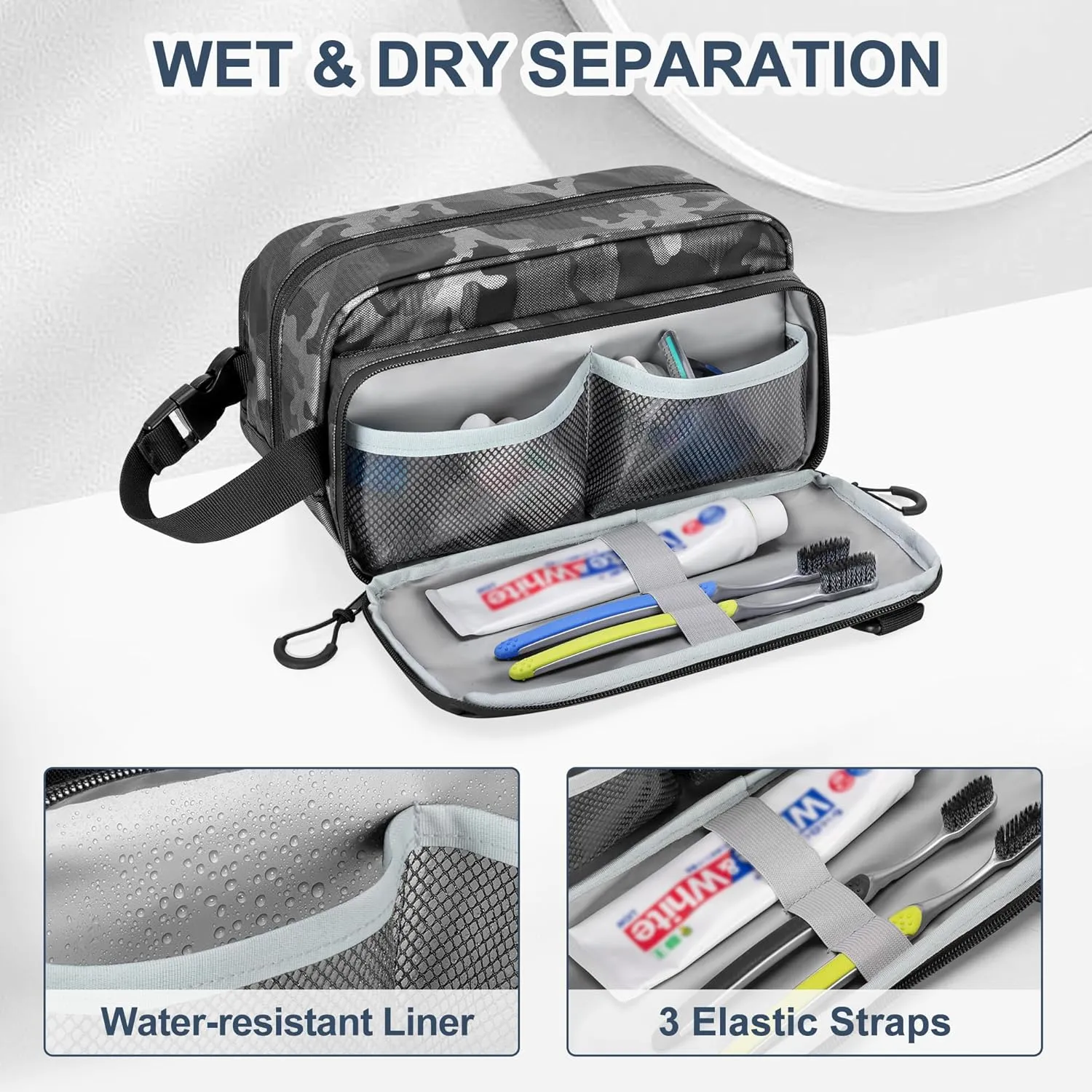 Toiletry Travel Bag for Men Tactical Hygiene Bag, Shaving Kit Toiletries Organizer Dopp Kit with Large Capacity, Black Camo(Empty Bag Only)