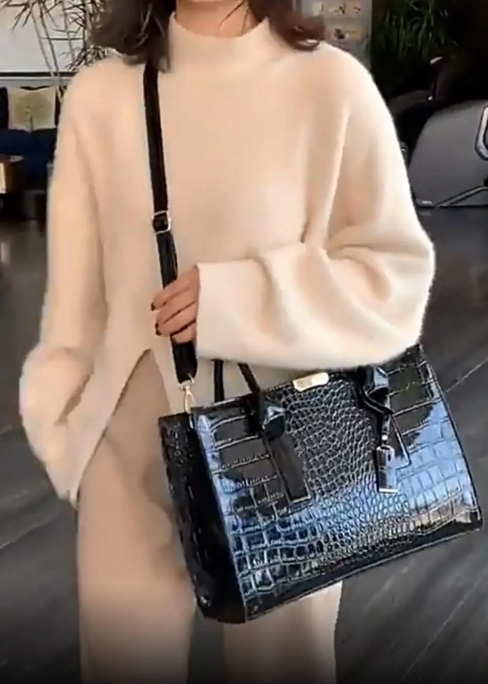 Top-handle Handbags Purse Women Crocodile Pattern Satchel Pu Leather Shoulder Bag Tote