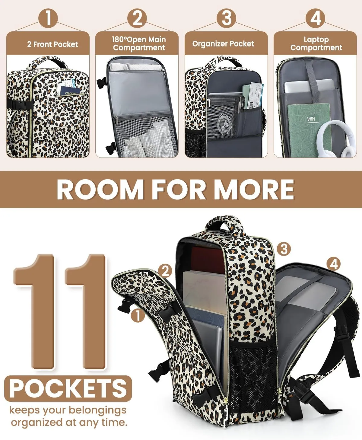 Travel Backpack for Women Man, Waterproof Personal Item Travel Bag Airline Approved Laptop Backpack Weekender bags Bookbag for Business,Travel, Work Fits 15.6 inch Laptop(Medium,Leopard)