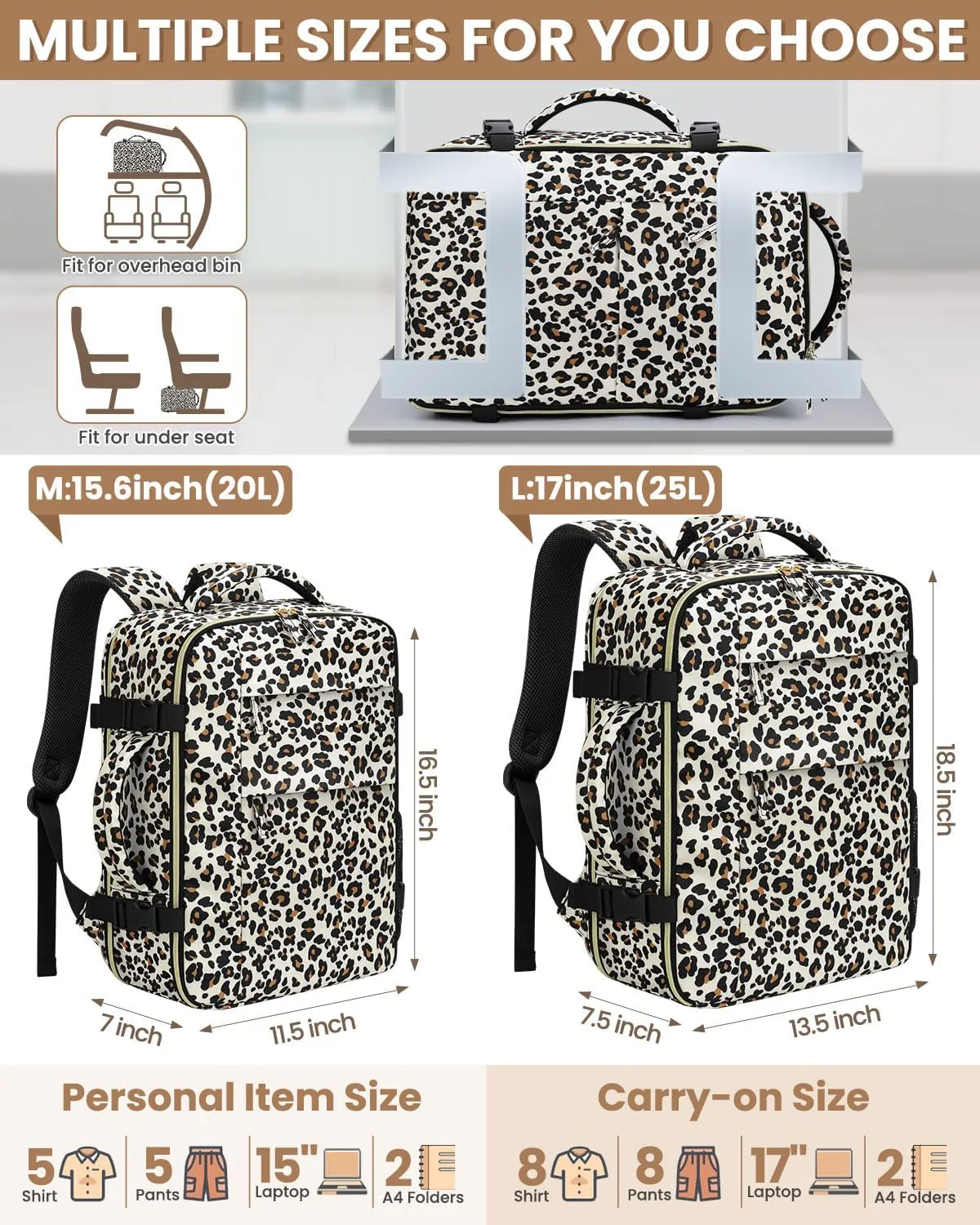 Travel Backpack for Women Man, Waterproof Personal Item Travel Bag Airline Approved Laptop Backpack Weekender bags Bookbag for Business,Travel, Work Fits 15.6 inch Laptop(Medium,Leopard)