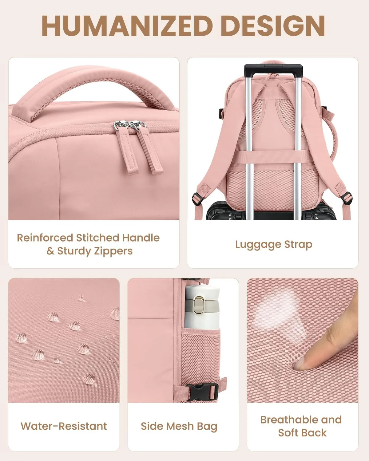 Travel Backpack for Women Man, Waterproof Travel Bag Airline Approved Laptop Backpack Carry on Weekender Overnight Bag Bookbag for Business,Travel, Work Fits 17.3 inch Laptop(Large,Pink)