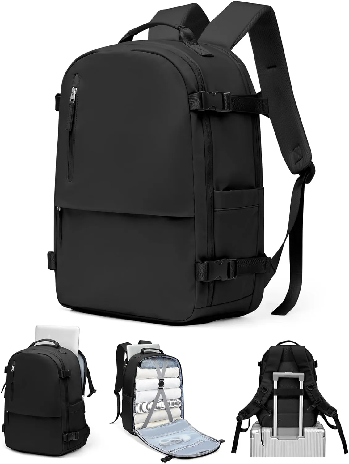 Travel Backpack for Women Men, Carry on Backpack Flight Approved Item Bag,Casual Daypacks Cabin Bagage,Hiking Backpack Lightweight Rucksack, Business Laptop Backpack with USB Charger Black Large