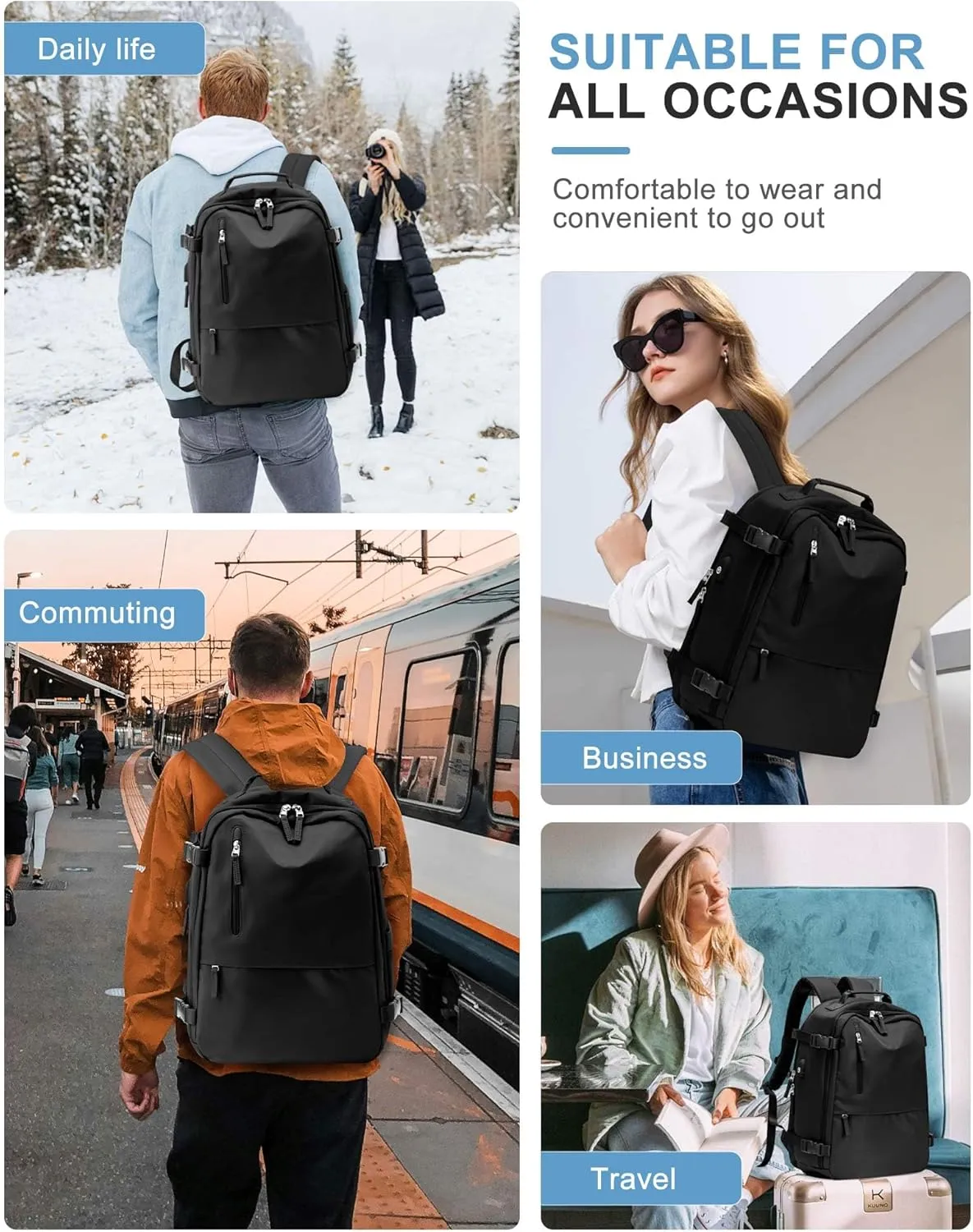 Travel Backpack for Women Men, Carry on Backpack Flight Approved Item Bag,Casual Daypacks Cabin Bagage,Hiking Backpack Lightweight Rucksack, Business Laptop Backpack with USB Charger Black Large