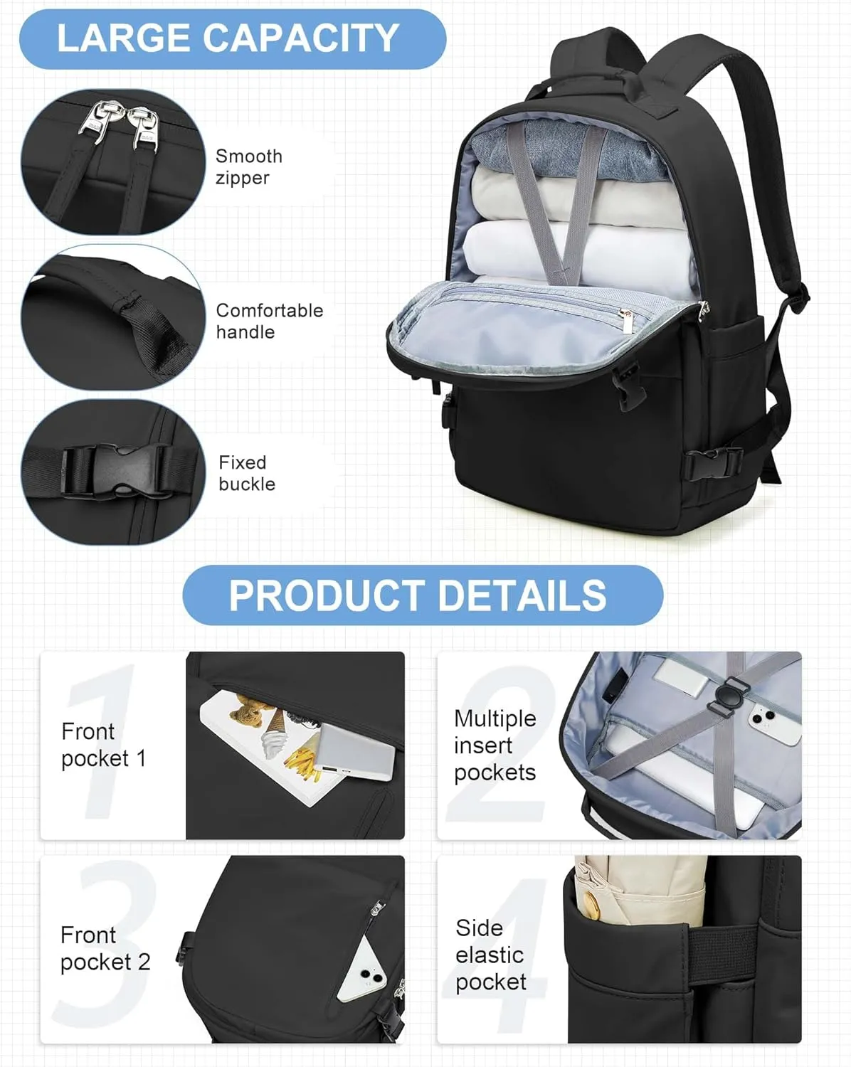 Travel Backpack for Women Men, Carry on Backpack Flight Approved Item Bag,Casual Daypacks Cabin Bagage,Hiking Backpack Lightweight Rucksack, Business Laptop Backpack with USB Charger Black Large