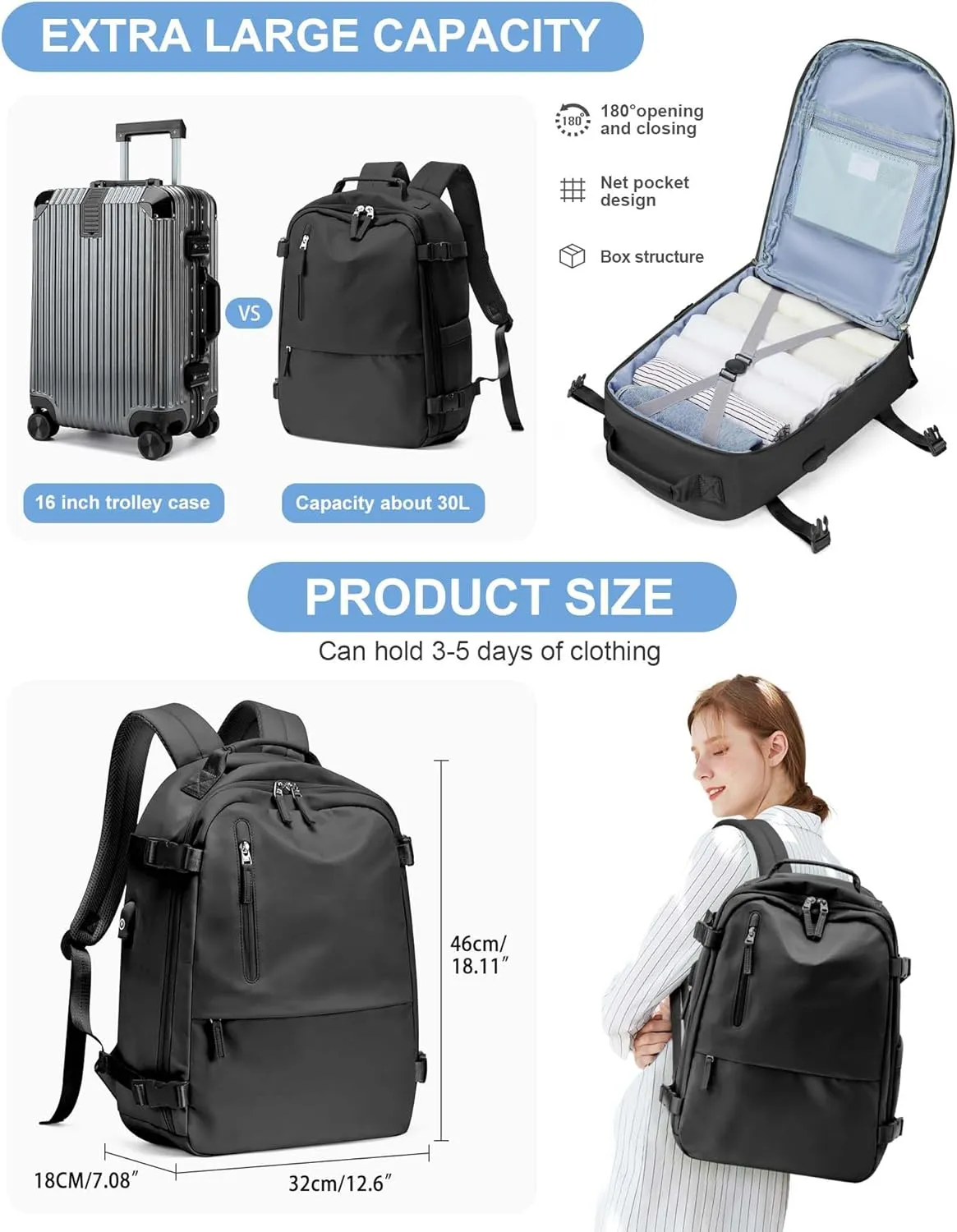 Travel Backpack for Women Men, Carry on Backpack Flight Approved Item Bag,Casual Daypacks Cabin Bagage,Hiking Backpack Lightweight Rucksack, Business Laptop Backpack with USB Charger Black Large