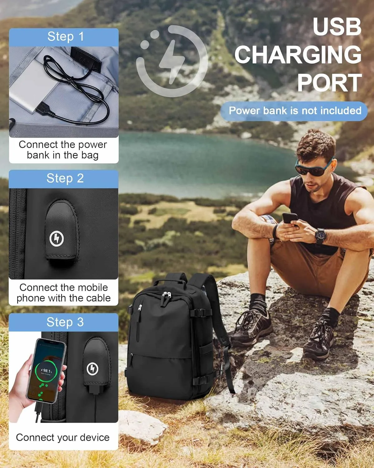 Travel Backpack for Women Men, Carry on Backpack Flight Approved Item Bag,Casual Daypacks Cabin Bagage,Hiking Backpack Lightweight Rucksack, Business Laptop Backpack with USB Charger Black Large