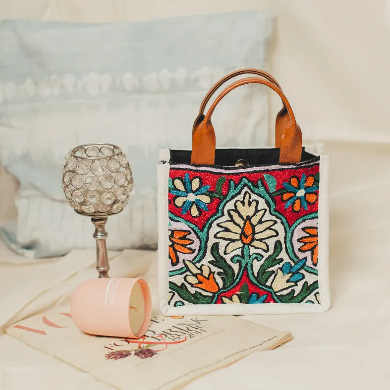 Tulip White Chain Stitch Hand Embroidery Canvas Mini Book Bag