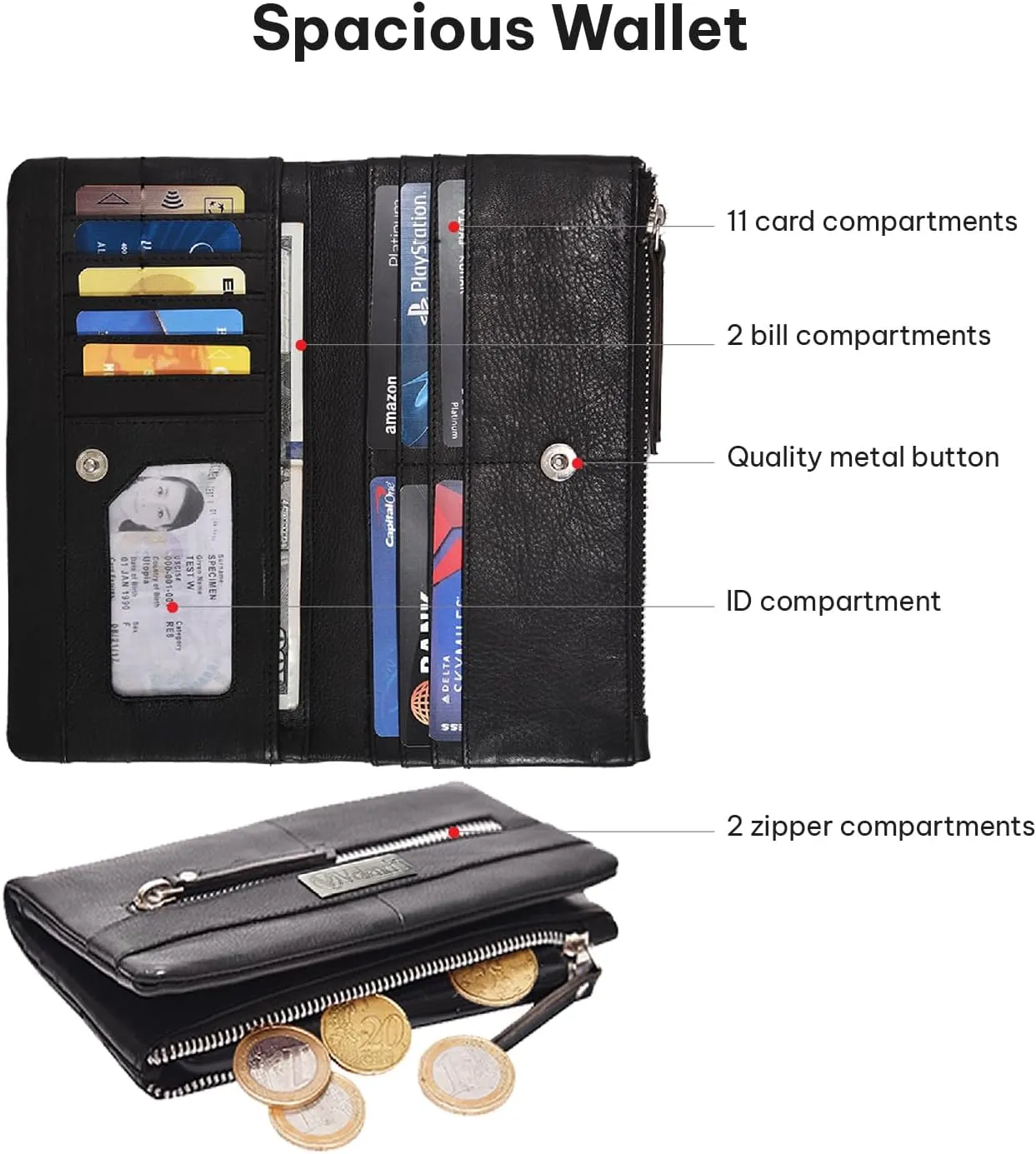 VALENCHI Leather Wallet For Women RFID Blocking Slim Minimalist Ladies Long Clutch Purse Organizer Credit Card Holder Slots with Zipper Pocket (Black Nappa)