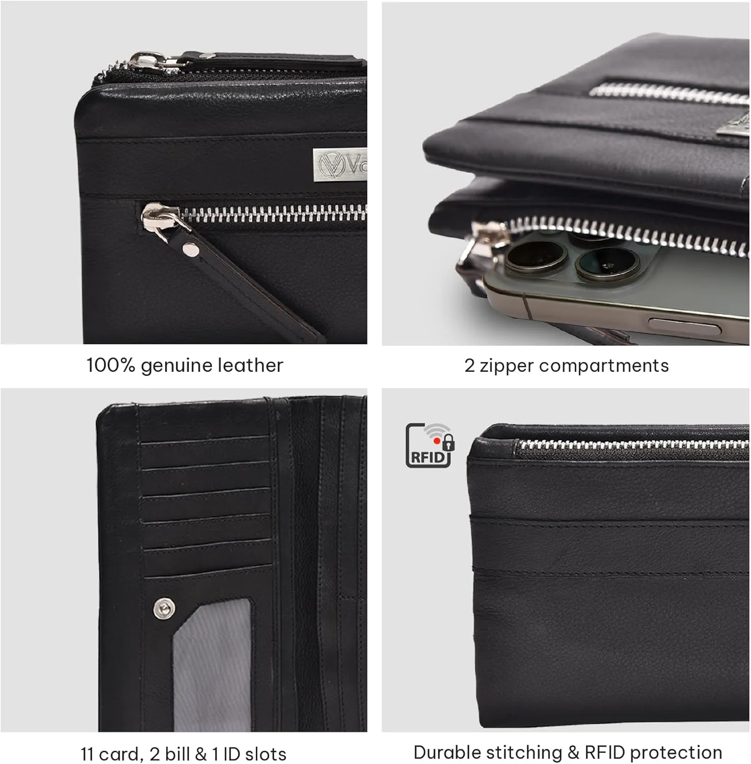 VALENCHI Leather Wallet For Women RFID Blocking Slim Minimalist Ladies Long Clutch Purse Organizer Credit Card Holder Slots with Zipper Pocket (Black Nappa)