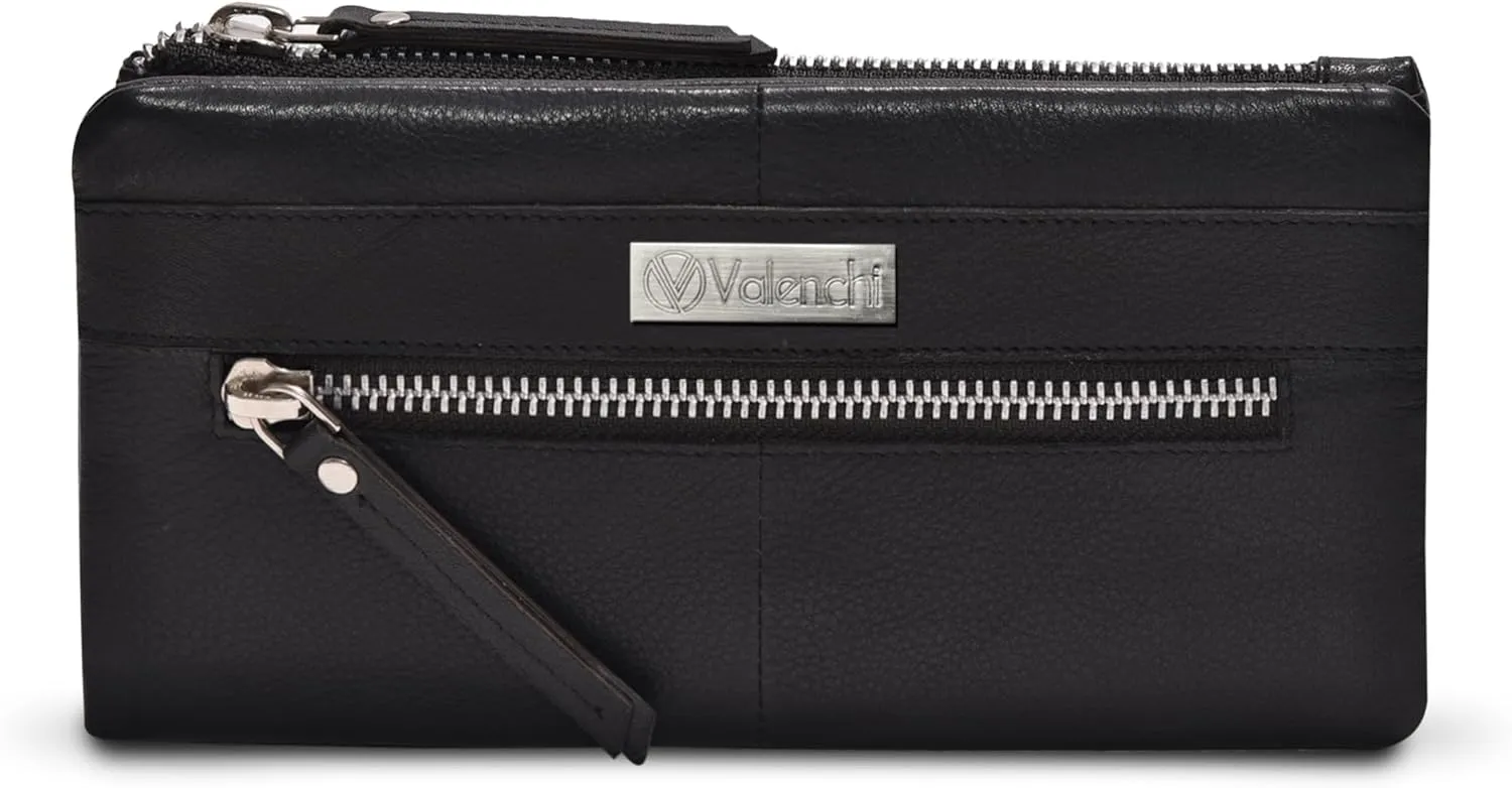 VALENCHI Leather Wallet For Women RFID Blocking Slim Minimalist Ladies Long Clutch Purse Organizer Credit Card Holder Slots with Zipper Pocket (Black Nappa)