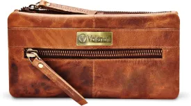 VALENCHI Leather Wallet For Women RFID Blocking Slim Minimalist Ladies Long Clutch Purse Organizer Credit Card Holder Slots with Zipper Pocket (Cognac Vintage)