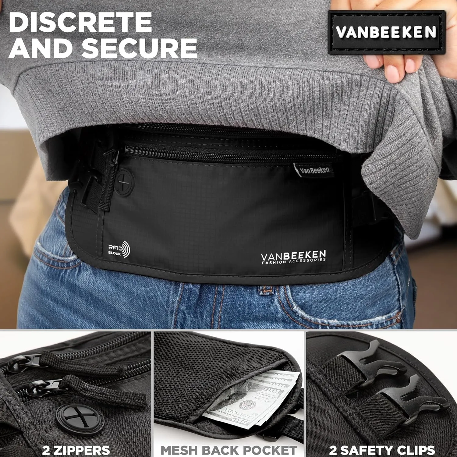 VAN BEEKEN Money Belt - RFID Passport Holder Men, Travel Wallet, Money Belt for Travel for Men & Women Hidden, Travel Fanny Pack, Anti-Theft Travel Money Belt under Clothes, Money Pouch & Passport Bag