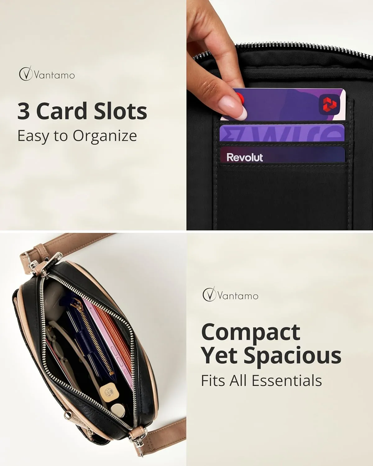 Vantamo Crossbody Bags For Women with Adjustable Strap, Premium PU Leather Purses for Women, Anti-Pickpocket Clip & Gift Box