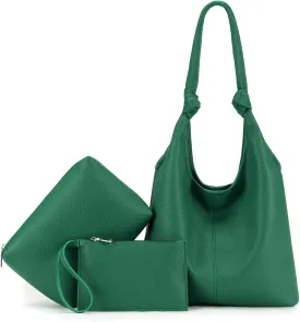 Vegan Leather Hobo Purses set, Slouchy Shoulder Bag Knotted Hobo Bags for Women with a small Purse and Clutch Handbag