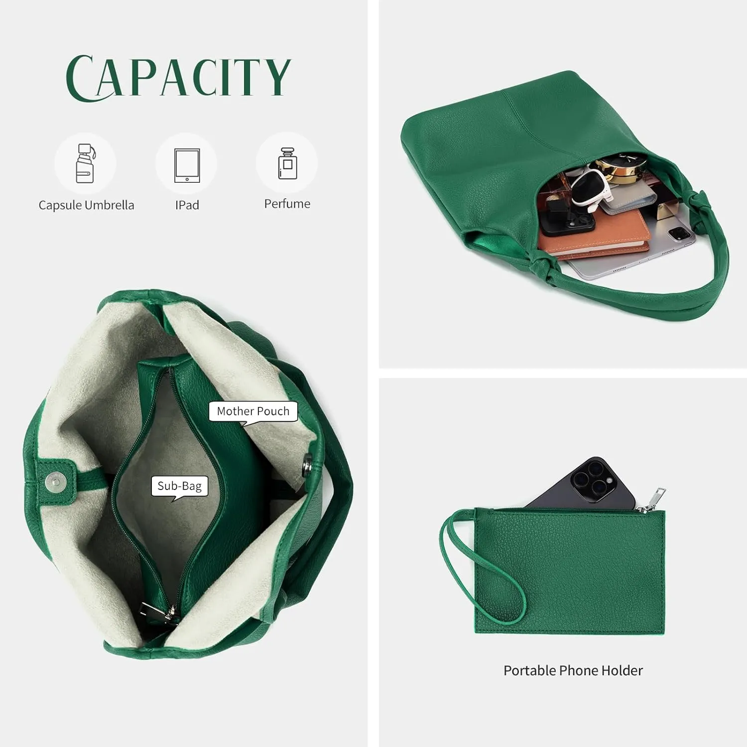 Vegan Leather Hobo Purses set, Slouchy Shoulder Bag Knotted Hobo Bags for Women with a small Purse and Clutch Handbag