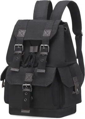 Vintage Canvas Backpack for Men Women, Durable Casual Daypack, Large Capacity Travel Rucksack Fits for Hiking and Daily Use (Black)