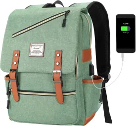 Vintage Laptop Backpack with USB Charging Port, Backpack for adult Fits up to 5.6 Inch Laptop Computer Backpack Casual Rucksack for Men Women (Green)