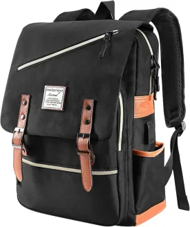 Vintage Laptop Backpack with USB Charging Port, Backpack for College Fits up to 15.6 Inch Laptop Computer Backpack Casual Rucksack for Men Women (Black)