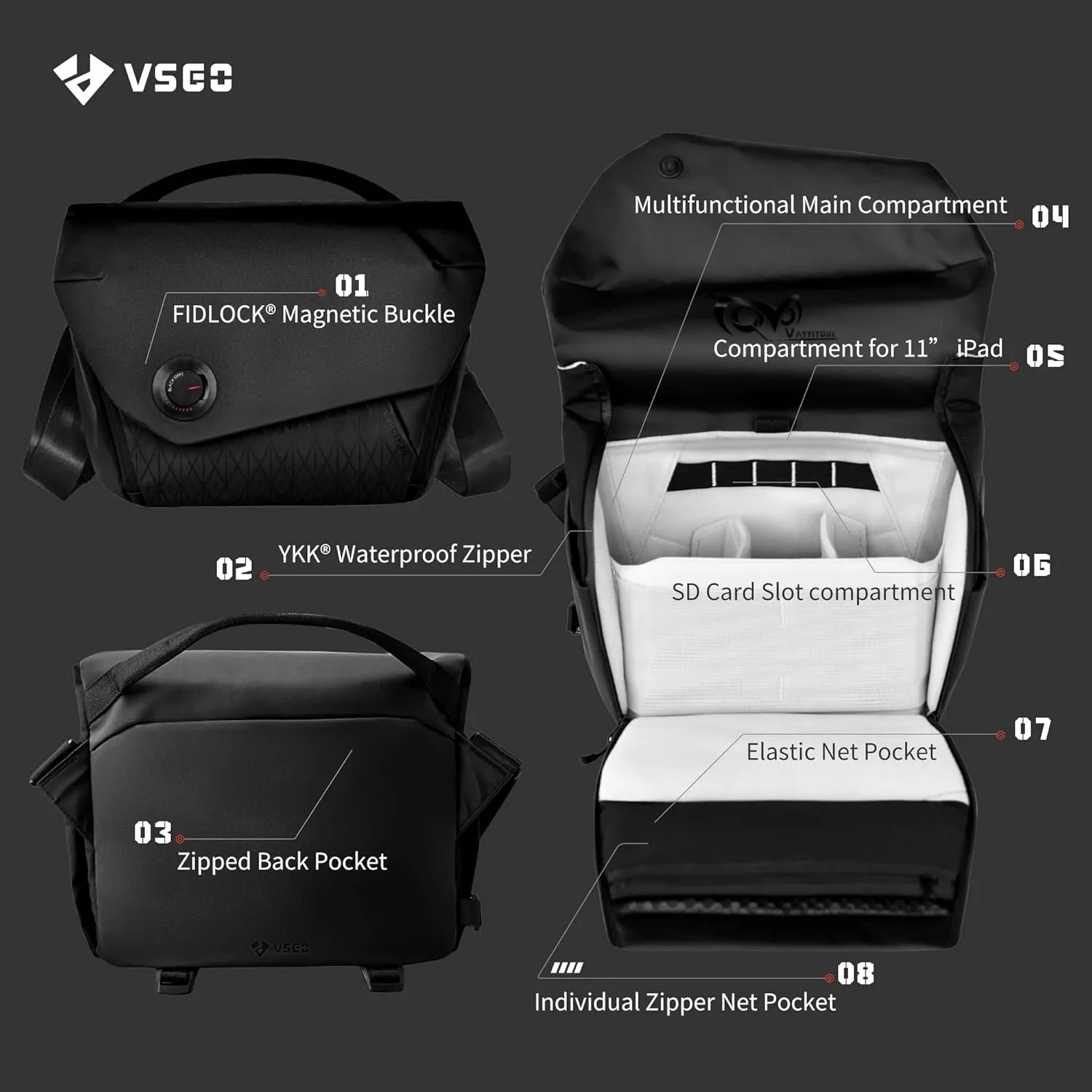 VSGO 6L Waterproof Camera Sling Bag, Single-Shoulder Messenger Bag for DSLR/SLR Cameras, Drone Photography, and Daily Commute