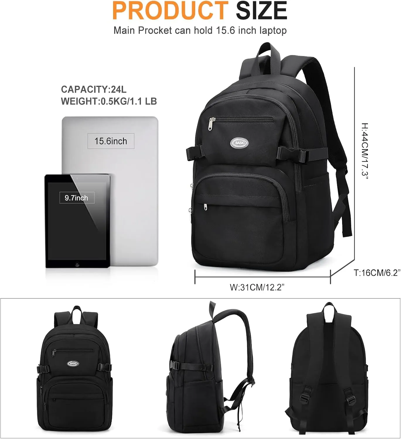 weradar Black College Backpack For Women Men,Simple Middle School Bag,Casual Daypacks Backpack With Lots Of Pockets,Cute School Backpack For Teens Boys Girls