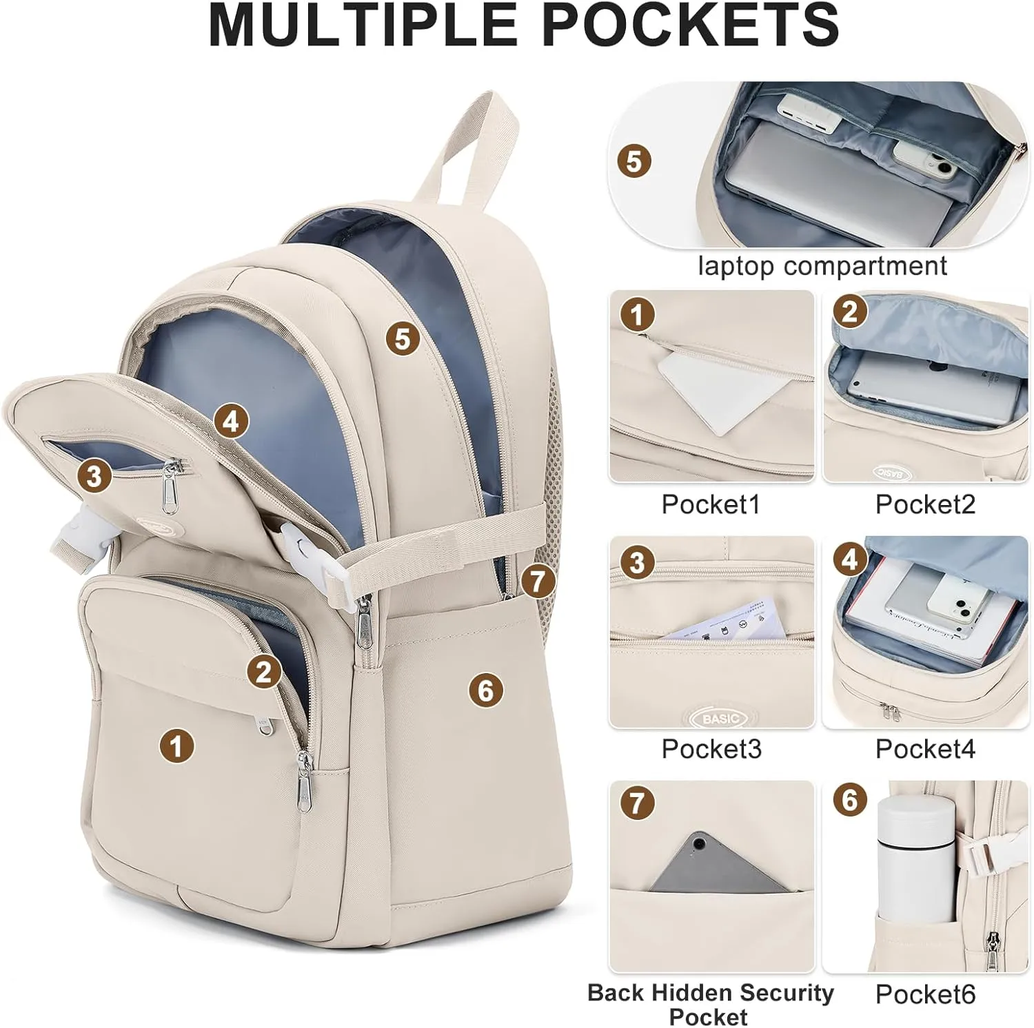 weradar Cute School Backpack For Teens Boys Girls,Simple Middle School Bag,Casual Daypacks Backpack With Lots Of Pockets,Aesthetic College Backpack For Women Men(Beige)
