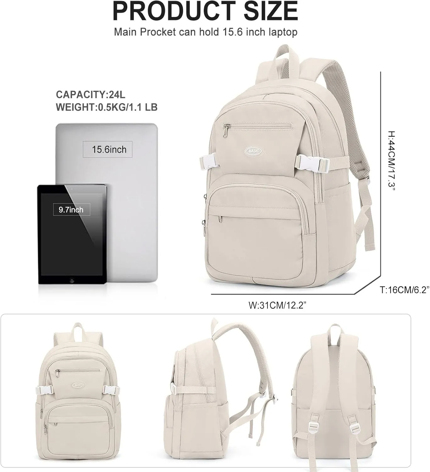 weradar Cute School Backpack For Teens Boys Girls,Simple Middle School Bag,Casual Daypacks Backpack With Lots Of Pockets,Aesthetic College Backpack For Women Men(Beige)