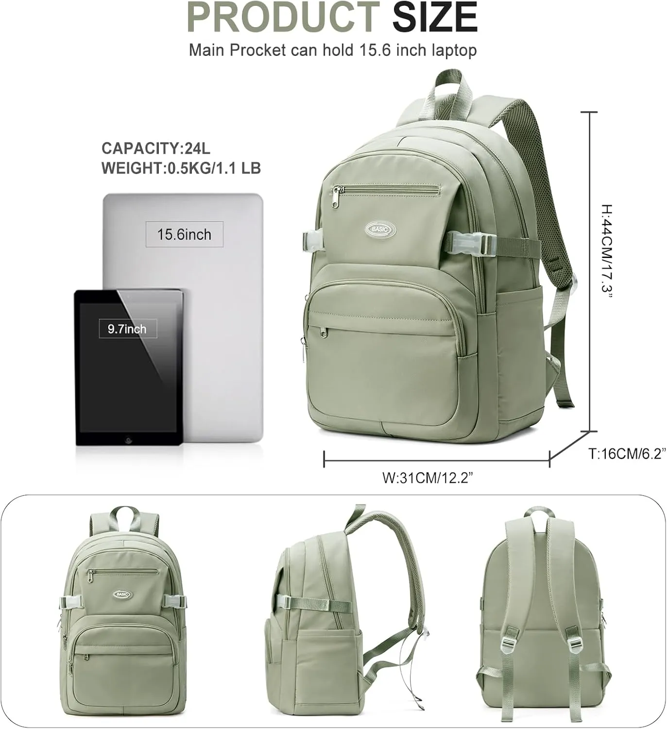 weradar Cute School Backpack For Teens Boys Girls,Simple Middle School Bag,Casual Daypacks Backpack With Lots Of Pockets,Aesthetic College Backpack For Women Men(Green)
