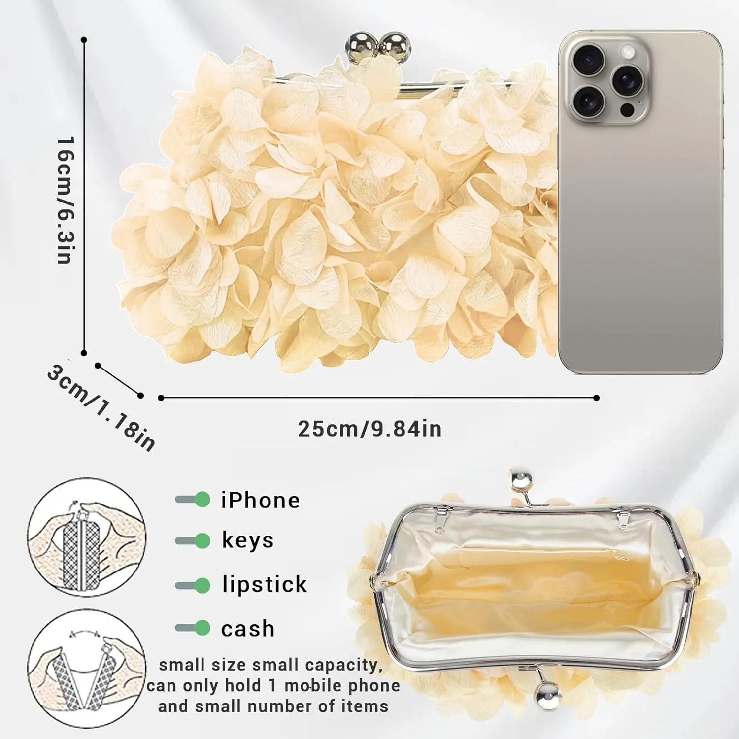 Women Elegant Evening Purse, Small Floral Clutch Bag with Detachable Chain for Wedding, Party, Prom
