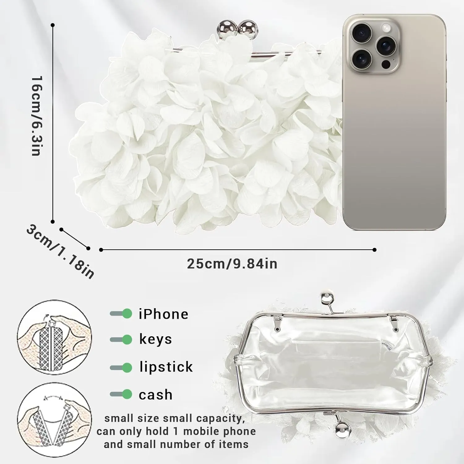 Women Elegant Evening Purse, Small Floral Clutch Bag with Detachable Chain for Wedding, Party, Prom