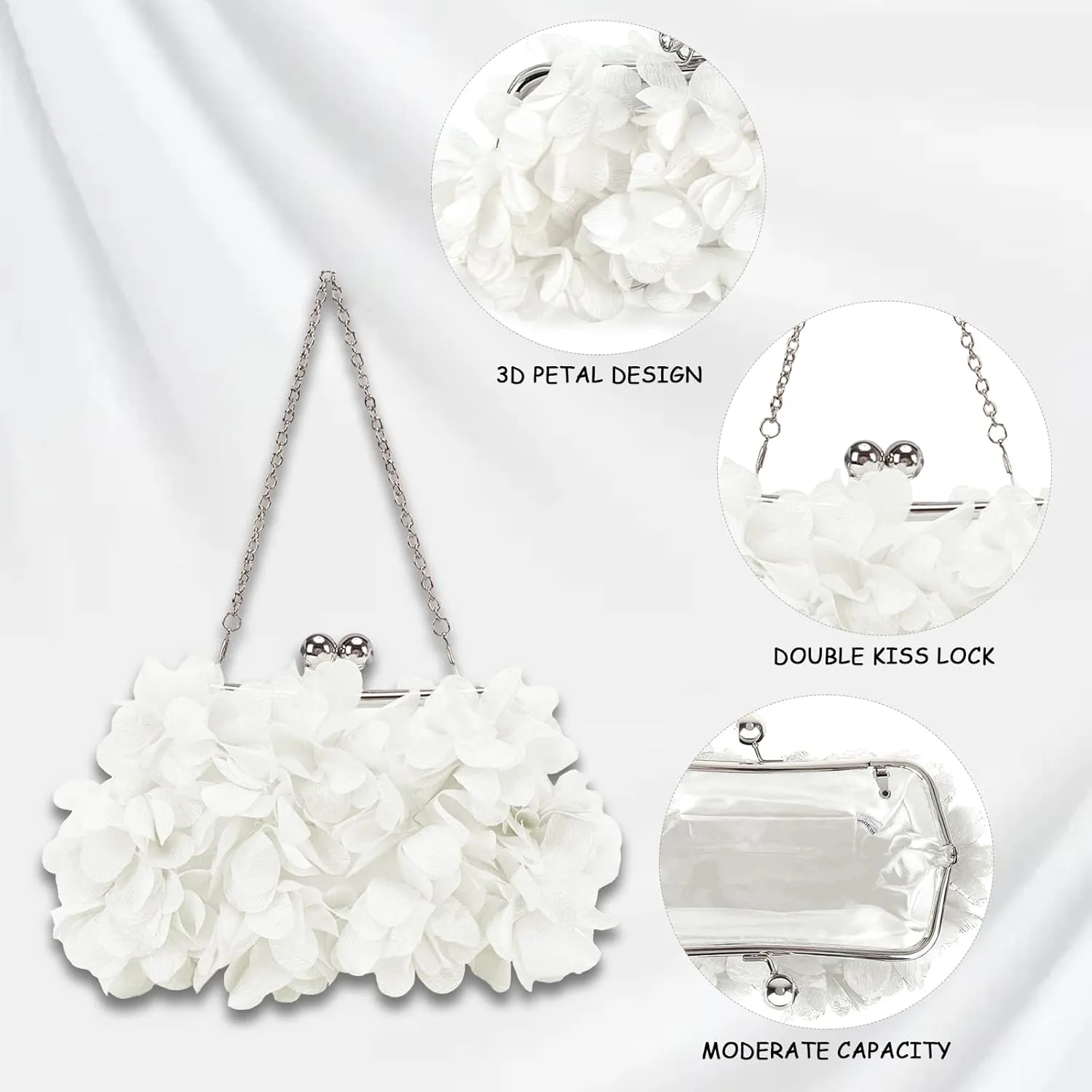 Women Elegant Evening Purse, Small Floral Clutch Bag with Detachable Chain for Wedding, Party, Prom